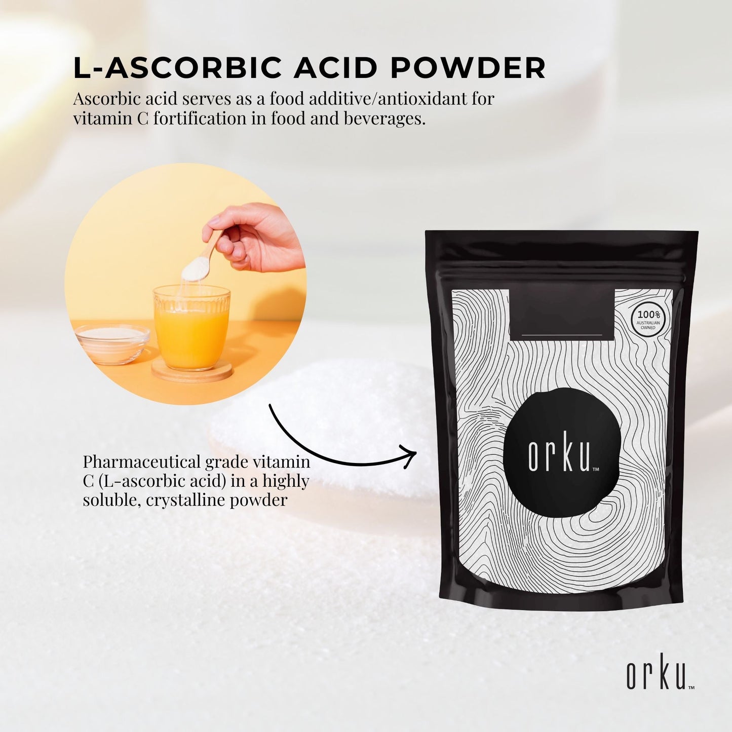 Orku Vitamin C Powder Pure L-Ascorbic Acid - USP Grade Non-GMO 400g